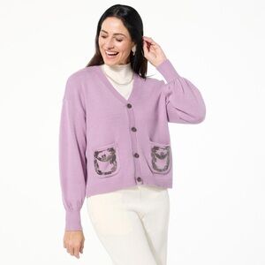MarlaWynne Lavender V-Neck Beaded Pocket Cardigan
